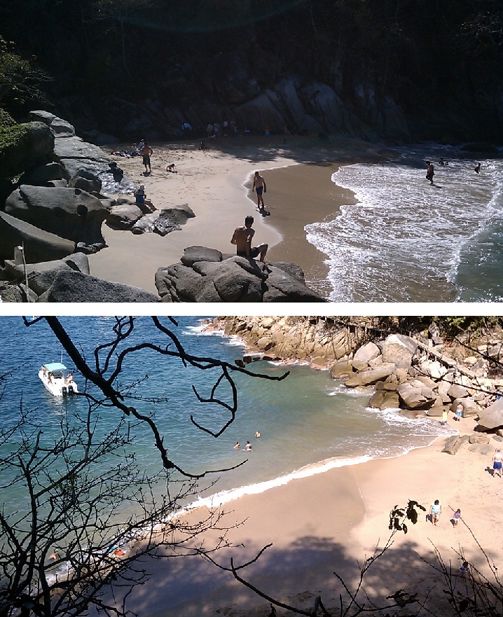 Playa Colomitos (vista al llegar y al continuar con el camino)